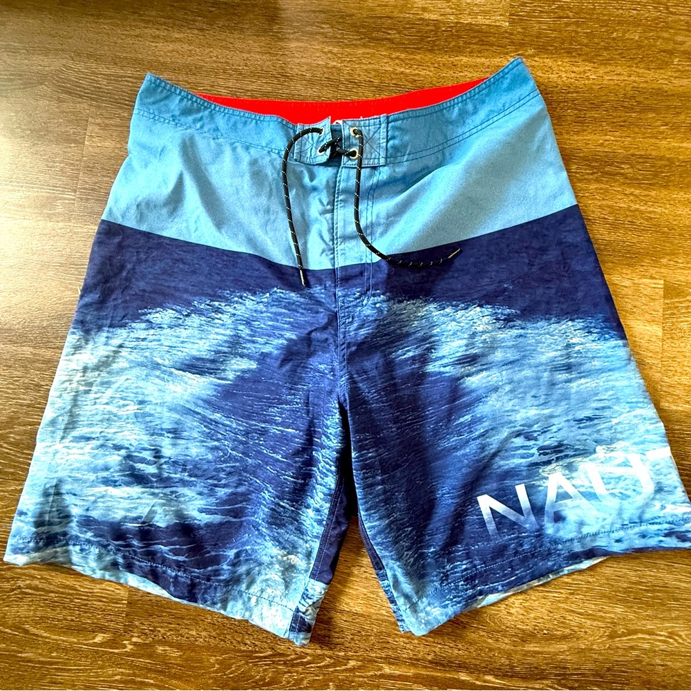 Nautica Ocean Print‎ Vacation Blue Drawstring Swim Trunks Casual Beachwear 38"